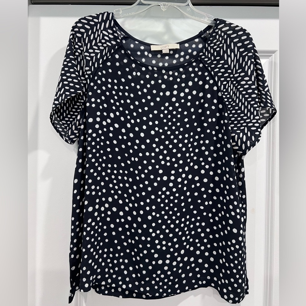 Loft Navy & White Polka Dot Blouse Size L